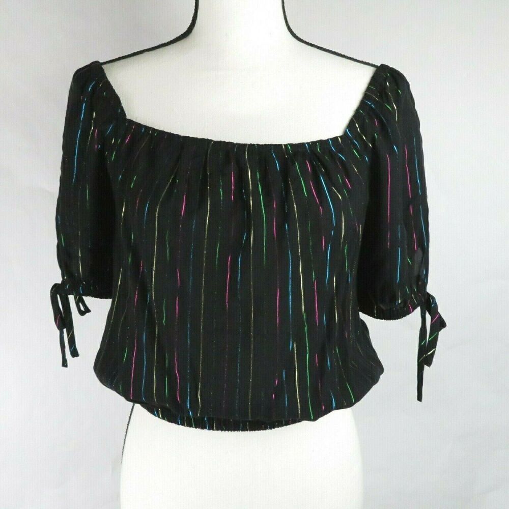 NWT Express Womens Black Metallic Striped Puff Sleeve Cropped Top Size S